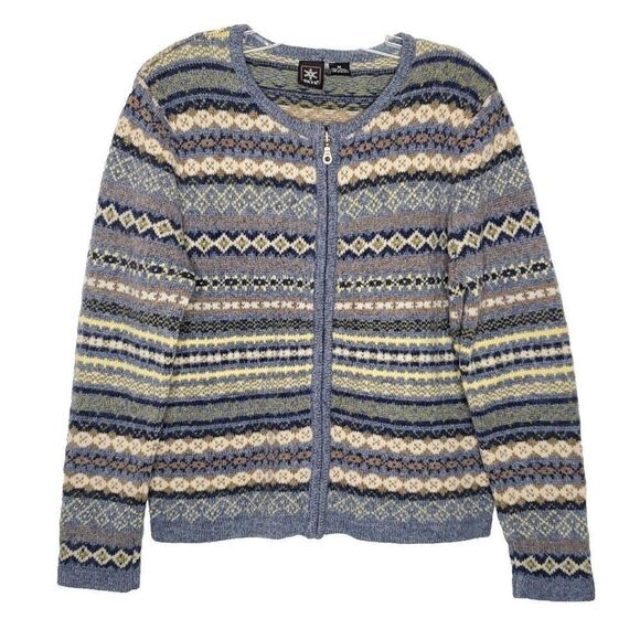 Skyr Wool Cardigan Sweater M Blue Green Fair Isle Geometric Stripe Full Zip - Picture 1 of 5